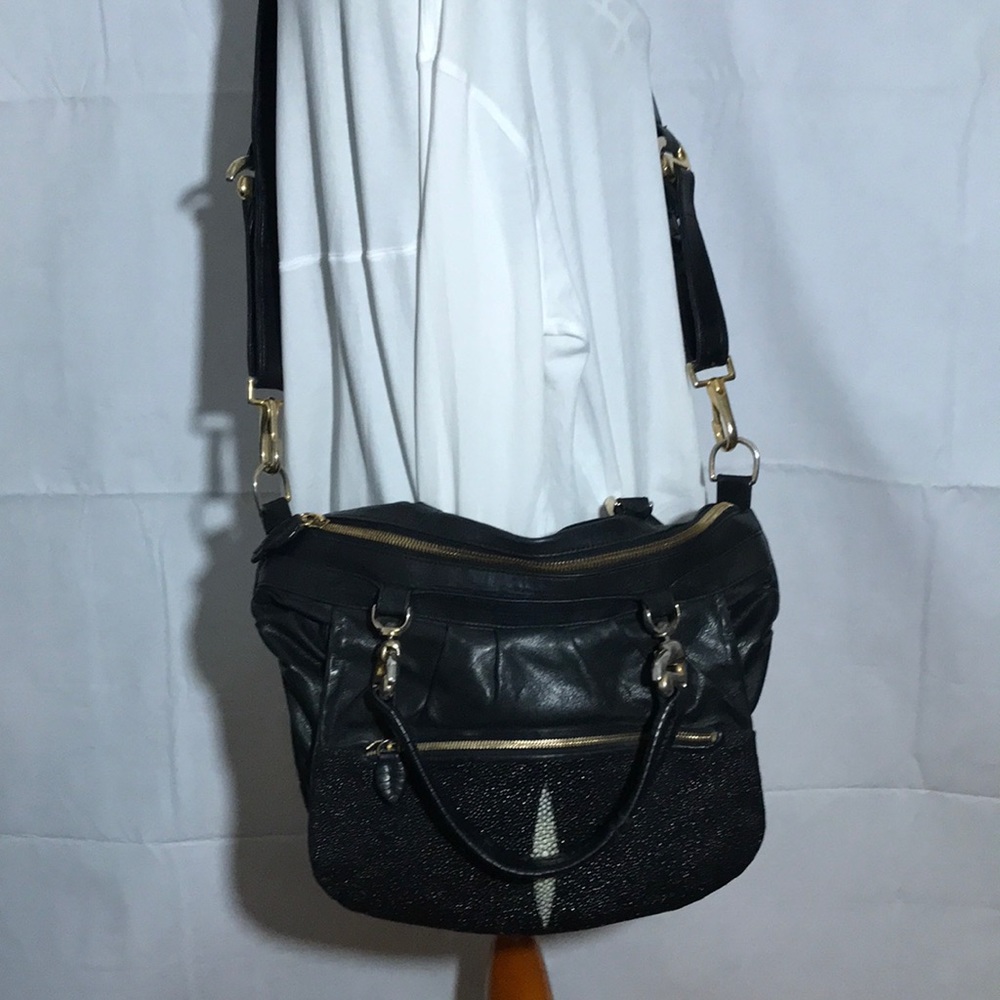 Khirma Eliazov Brand Stingray and Leather Tote Shoulder Crossbody Bag Black